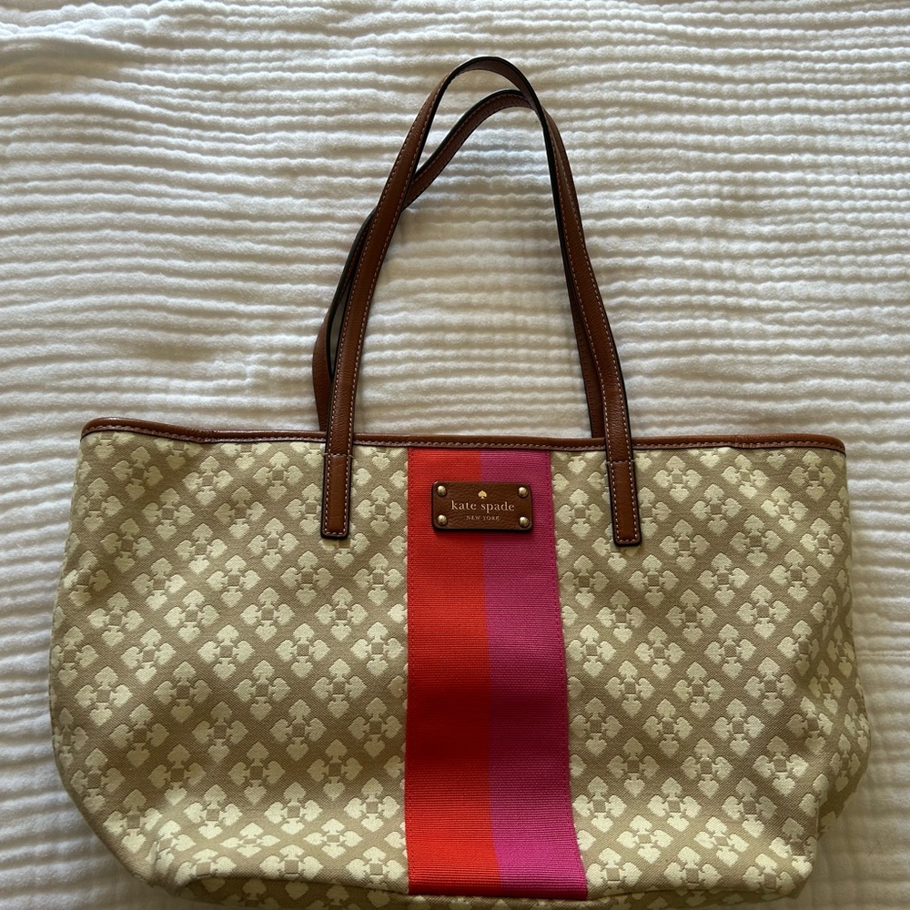 Kate Spade Tan Tote with Pink and Red Stripes